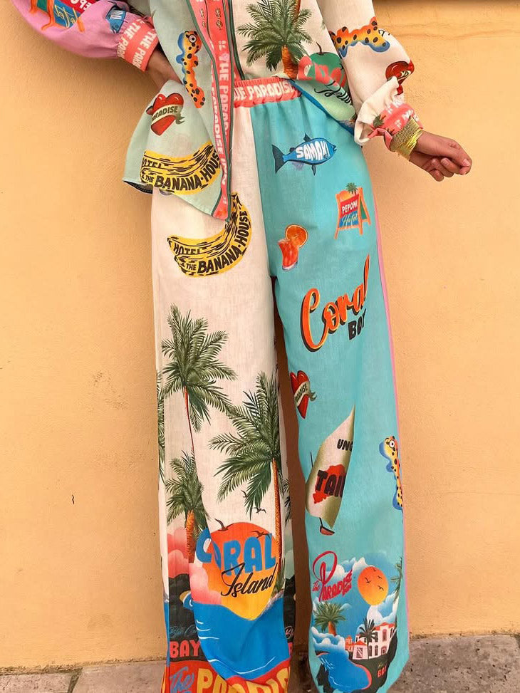 Unique Resort Island Print Elastic Waist Wide-leg Pants