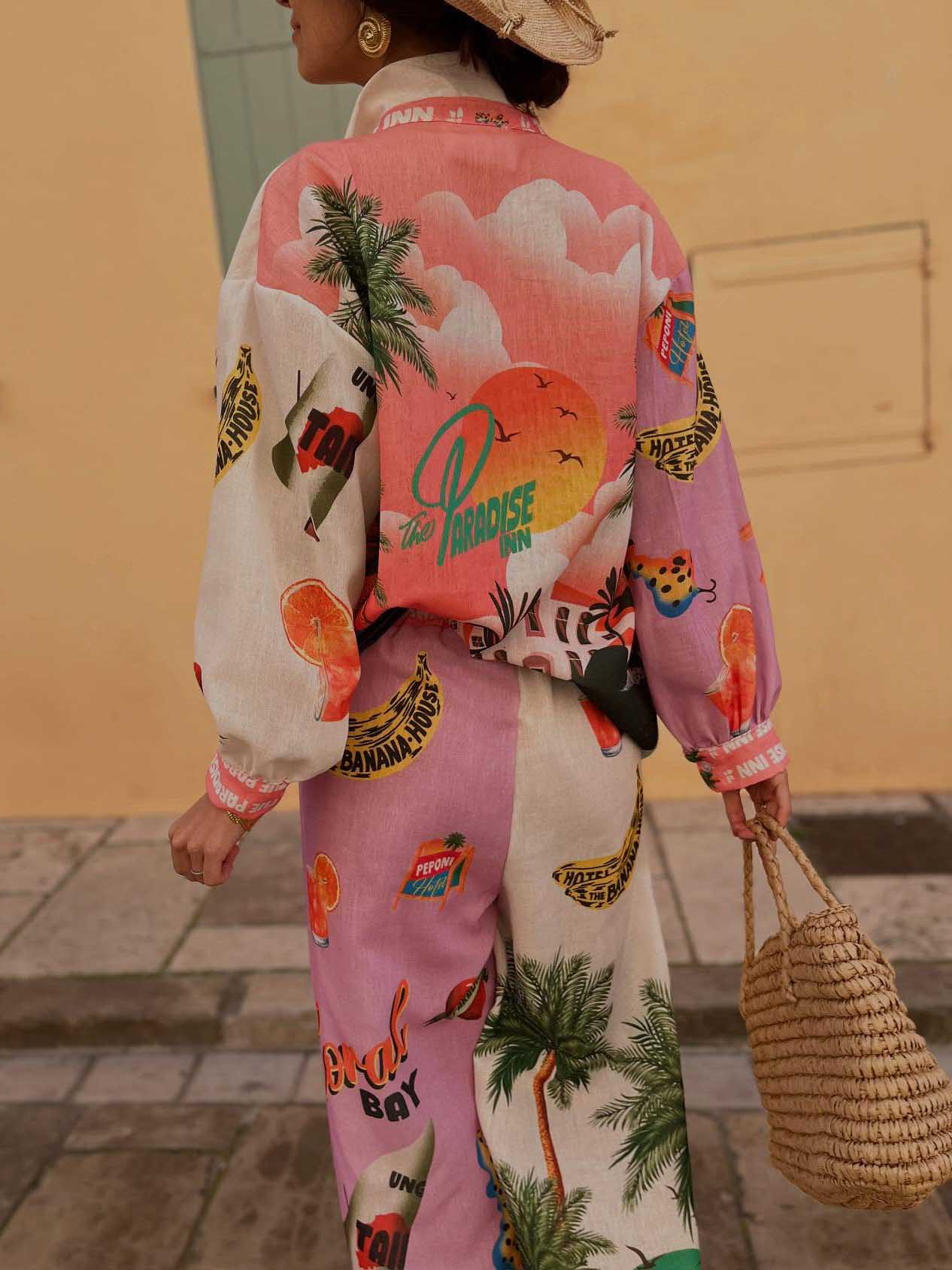 Unique Resort Island Print Elastic Waist Wide-leg Pants