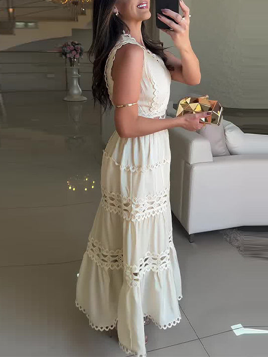 Vintage Sleeveless Lace Embroidered Hollow Maxi Dress