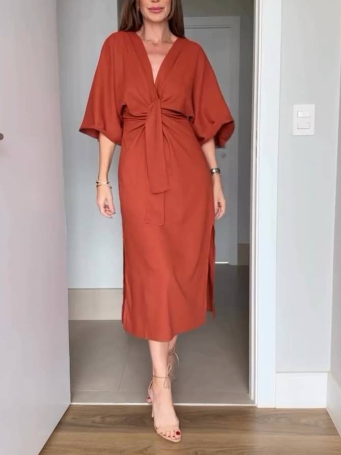 Bat Sleeve Lace-Up Dress