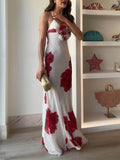 Elegant Poka Dot Floral Print  Flower Detail Slip Maxi Dress