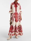 Classic Unique Ethnic Print Button Decoration Loose Maxi Dress