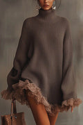 Fashion Solid Color Turtleneck Long-sleeved Loose Ruffle Knit Mini Dress