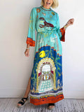 Exquisite Satin Unique Print Long-sleeve Tie-waist Slit Maxi Dress