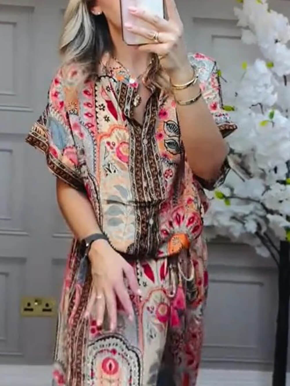 Boho Print Tassel Detail Casual Elastic Waist Pocket Wide-Leg Pants