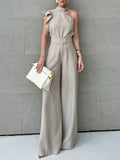 Casual Ruffle Sleeve Halter Top With Simple Solid Color Straight Pants Set
