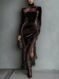 Elegant Lace-trimmed Drawstring Slit Maxi Dress