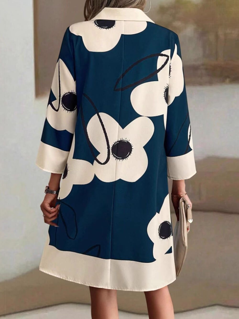 Elegant Printed Loose-Fitting 3/4 Sleeve Mini Dress