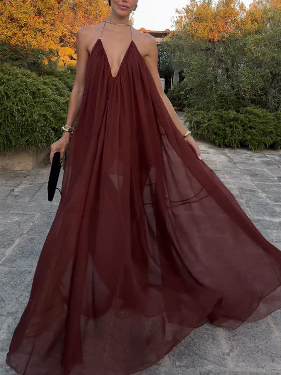 Elegant V-neck Chiffon Flowy Maxi Dress