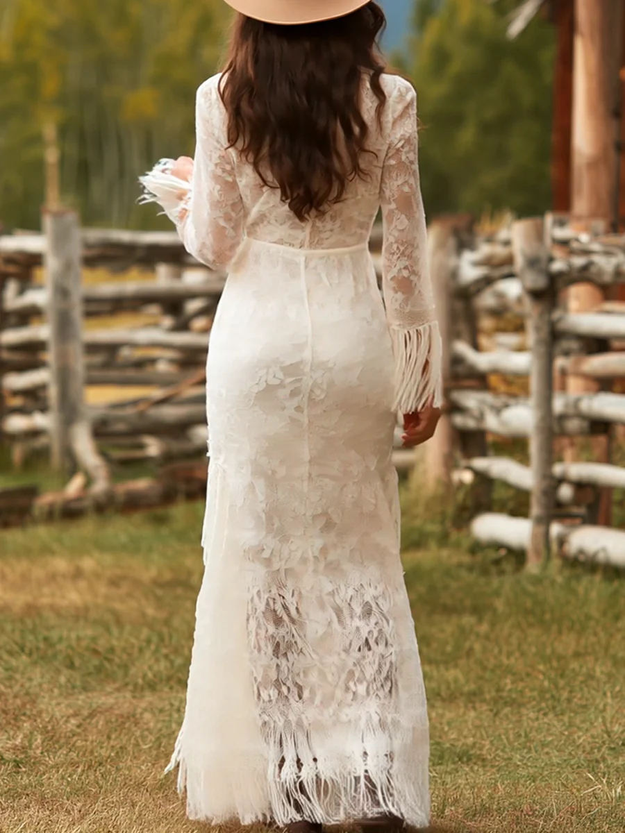 Retro Lace Irregular Tassel Maxi Dress