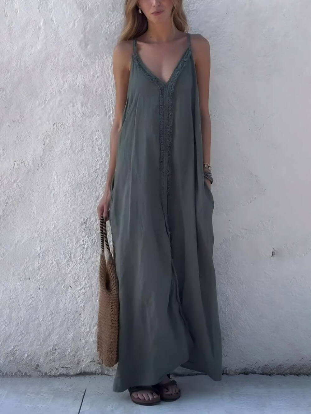 Modern Unique Lace Decoration V-Neck Suspender Maxi Dress