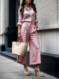 Casual Linen Long-Sleeve Loose Shirt Wide-Leg Cropped Pants Set
