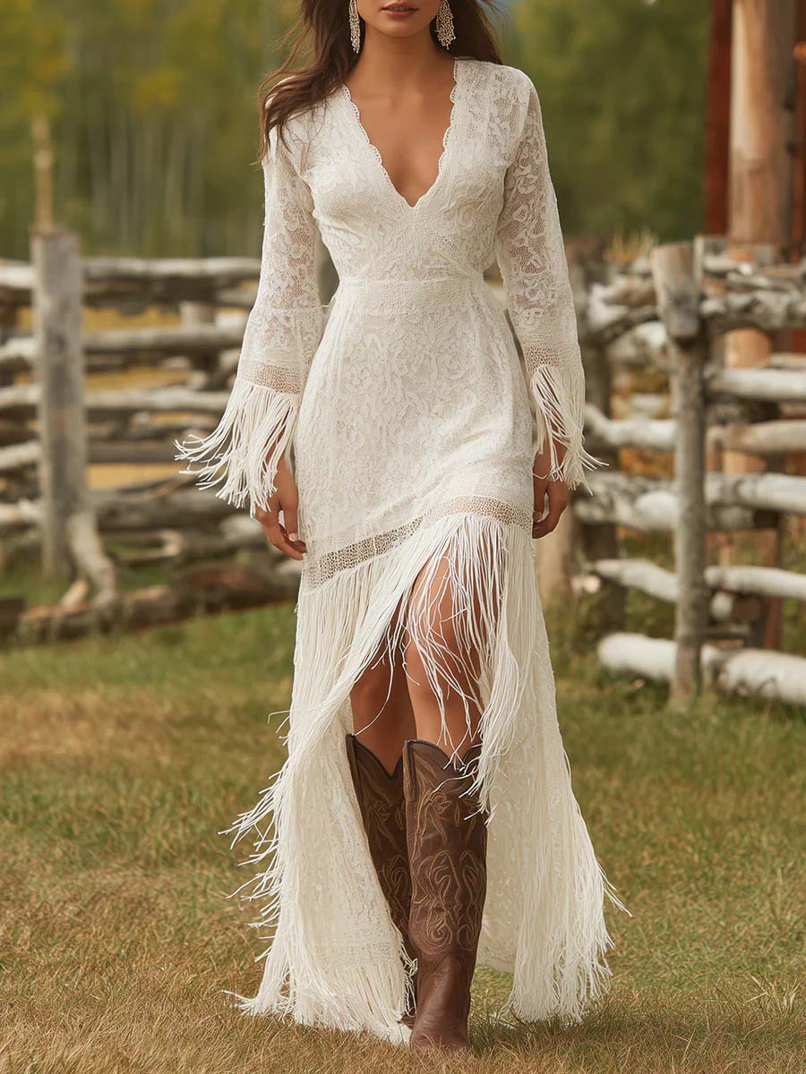 Retro Lace Irregular Tassel Maxi Dress