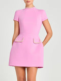 Elegant and Sweet Scent Pearl Trim Short Sleeve Pocketed Mini Dress