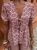 Casual Floral Print Lace-Up V-Neck Top