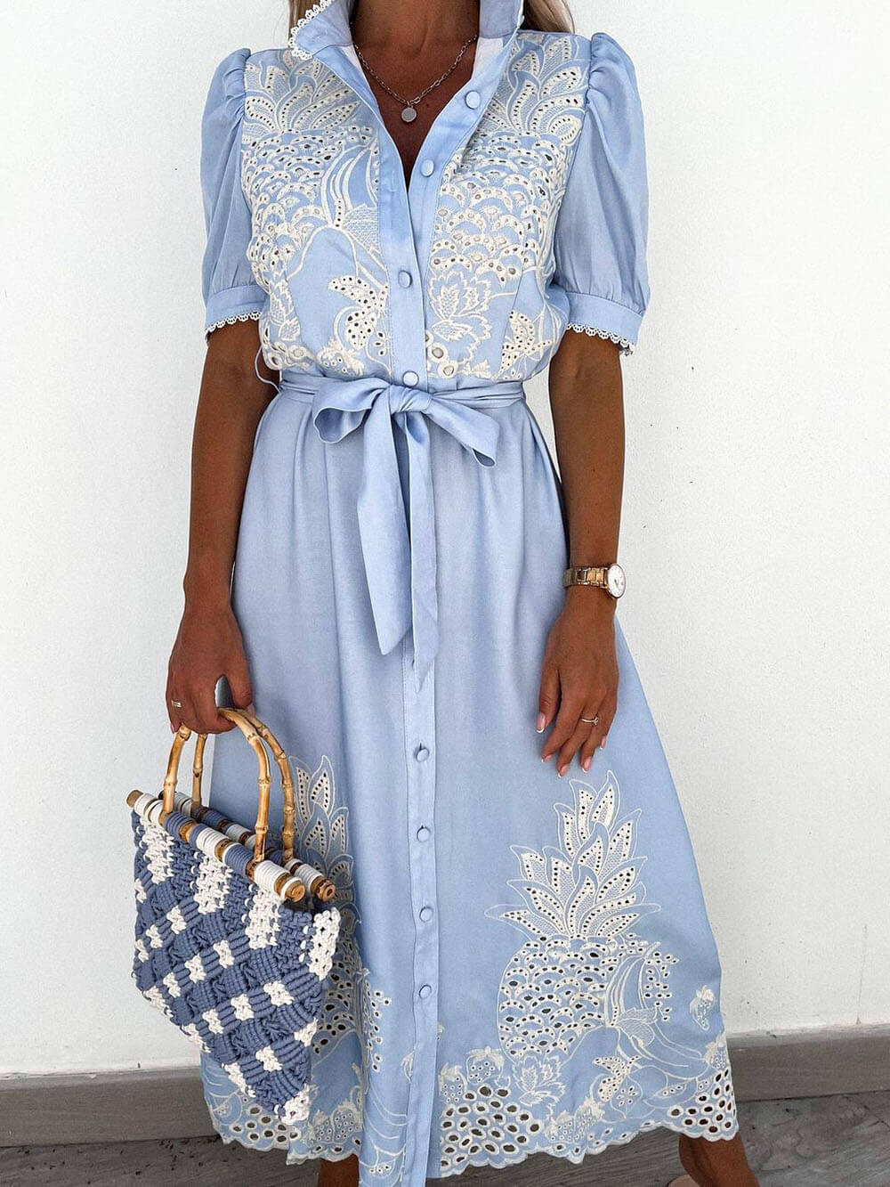 Exquisite Lace Stitching Hollow Waist Wide Swing Dress