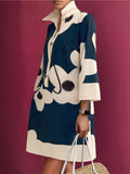 Elegant Printed Loose-Fitting 3/4 Sleeve Mini Dress