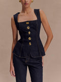 Modern Playful Unique Sleeveless Button-Down Denim Vest Top