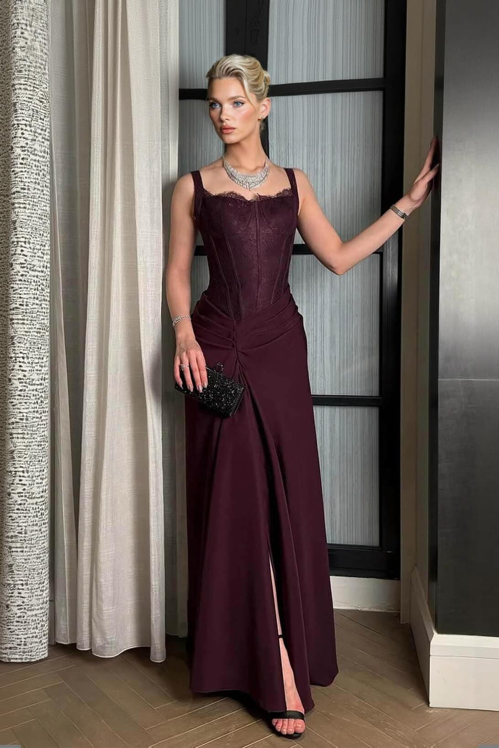Elegant Lace With Side Slit Evening Gown Maxi Dress