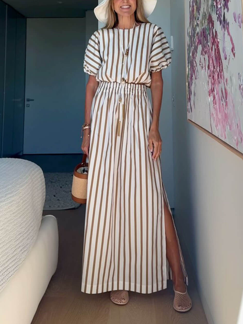 Exquisite Unique Striped Print Drawstring Loose Tops