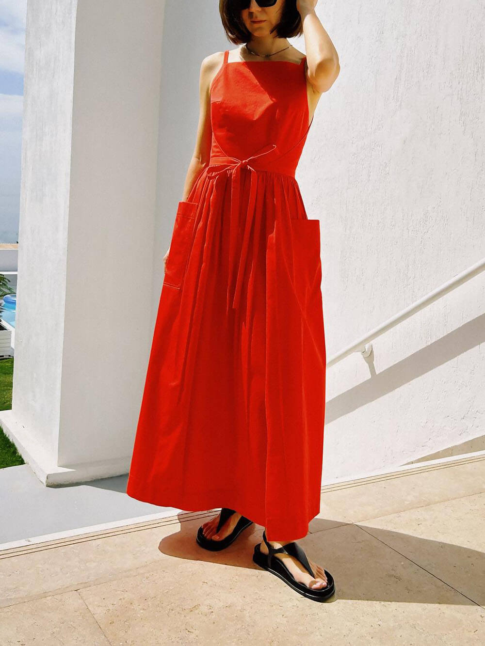 Casual Unique Side Slit Tie Pocket Vest Dress