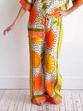Casual Unique Satin Sun Print Loose Elastic Waist Drawstring Pocket Wide Leg Pants