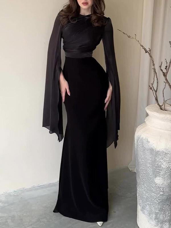 Elegant Flared Sleeves Satin Maxi Dress