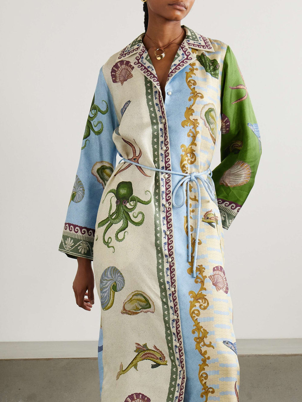 Unique Deep Sea Floral Print Single Breasted Midi Shirt Dress